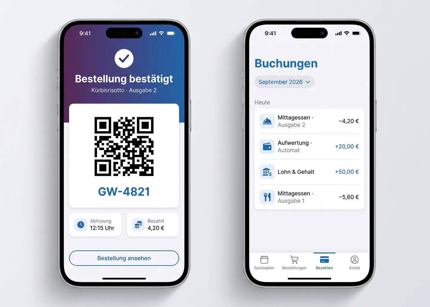 Zwei Smartphones mit der GiroWeb Bestell-App: bestätigte Bestellung mit QR-Code zur Abholung und Übersicht der Buchungen