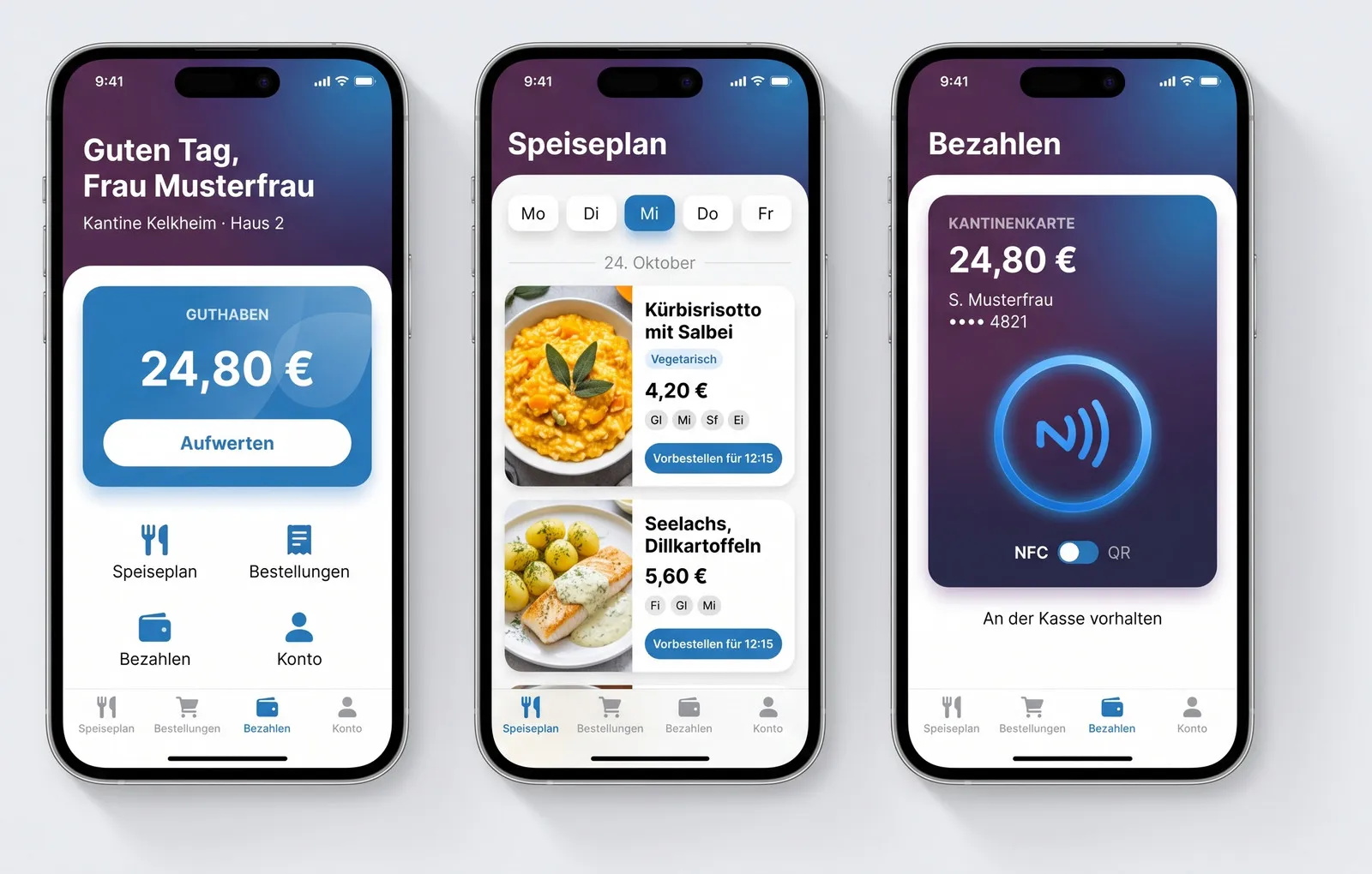 Drei Smartphones mit der GiroWeb Bestell-App: Guthaben, Speiseplan mit Vorbestellung und bargeldloses Bezahlen per NFC
