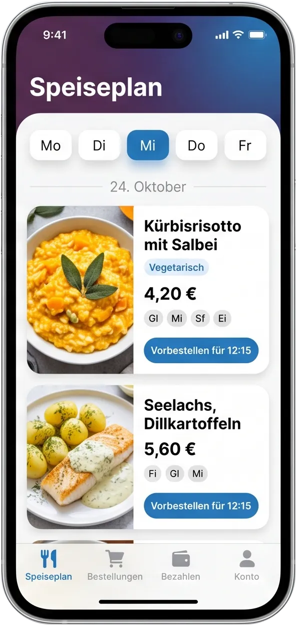 GiroWeb Menü-App: Speiseplan der Woche mit Preisen, Allergenen und Vorbestellung