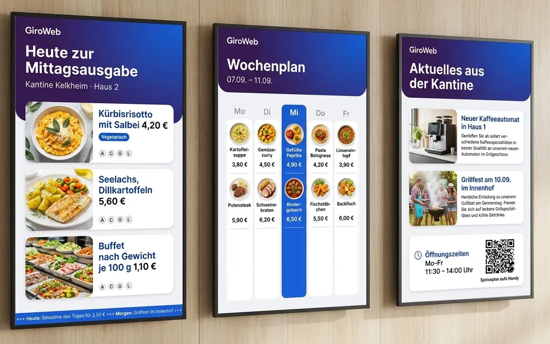 Drei digitale Menütafeln in einer Kantine: Tagesangebot mit Preisen und Allergenen, Wochenplan und Aushänge