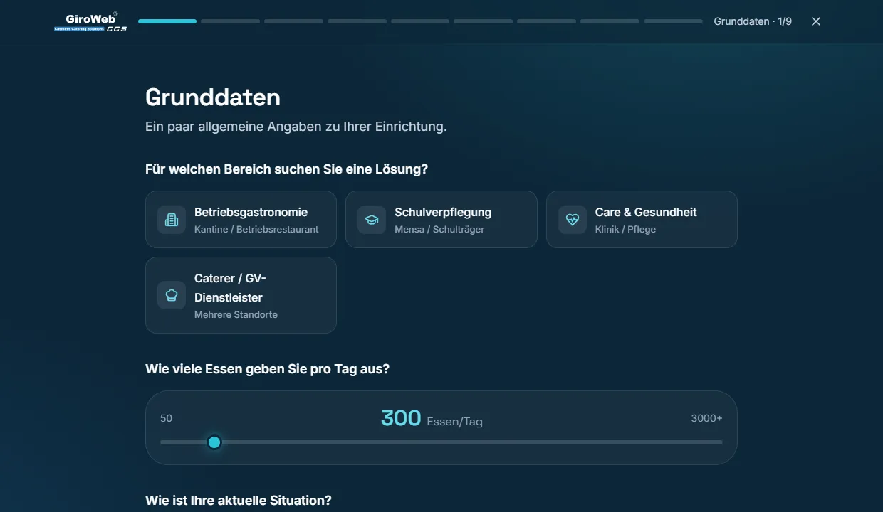 Vorschau des GiroWeb Systemdesigners: Bereich auswählen und Essen pro Tag einstellen